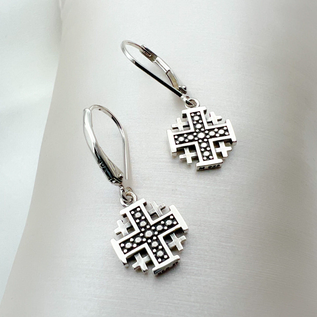 Elegant Jerusalem Cross Dangling Earrings in 925 Silver
