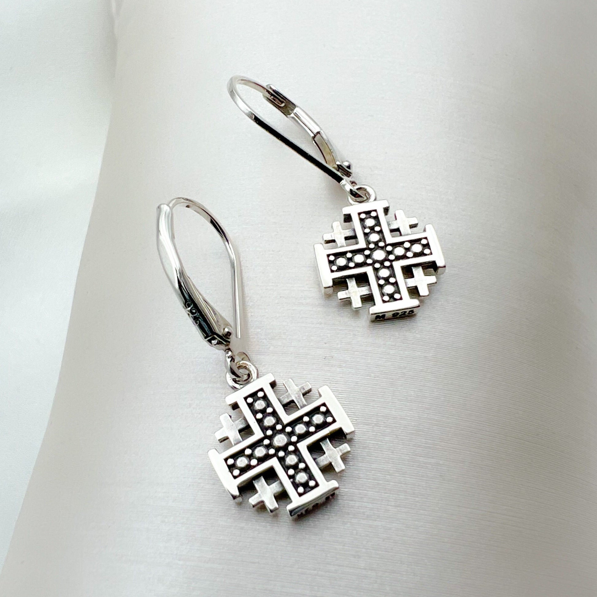 Elegant Jerusalem Cross Dangling Earrings in 925 Silver