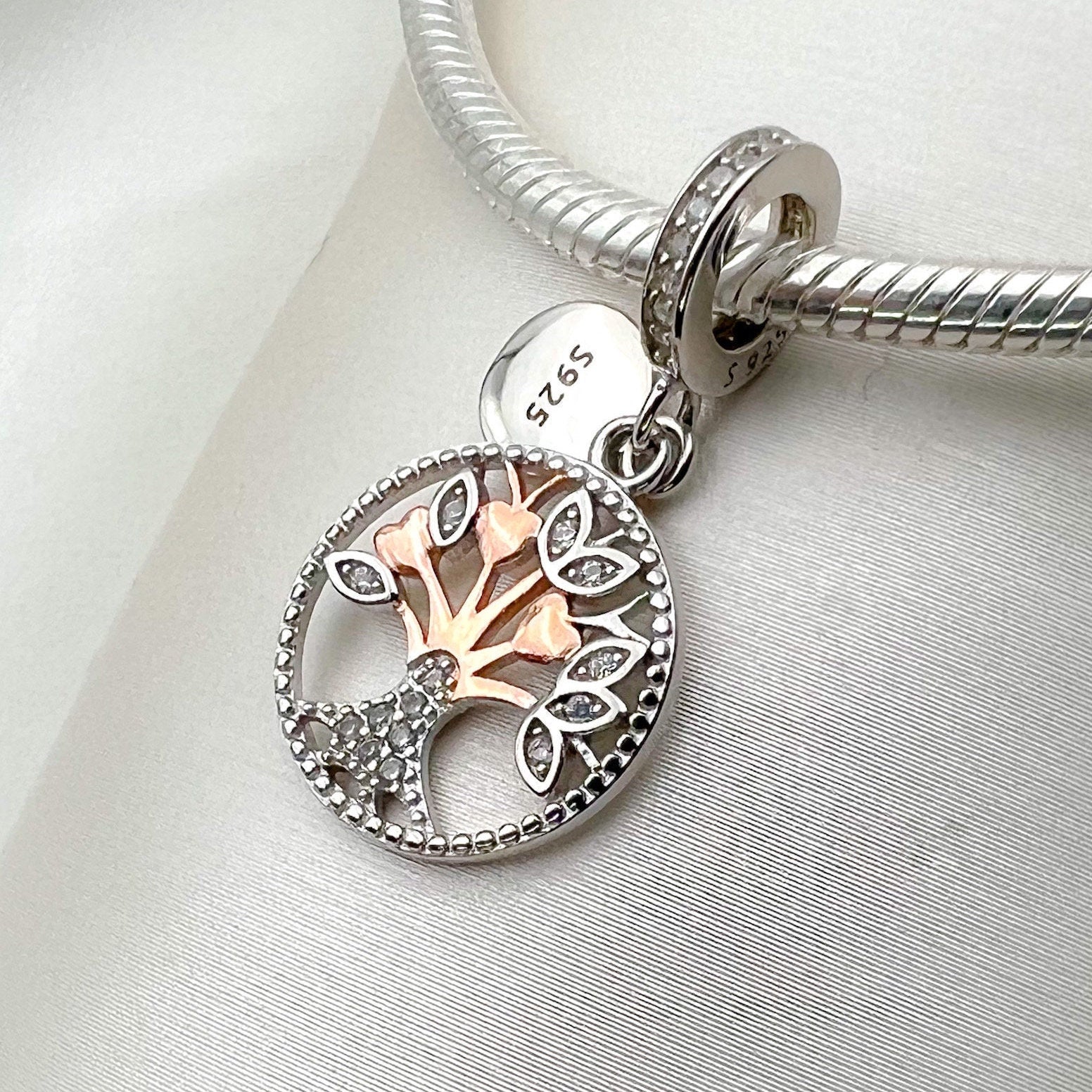 Tree of Life Charm in Sterling Silver and Gold with Zirconia for Pandora Bracelet