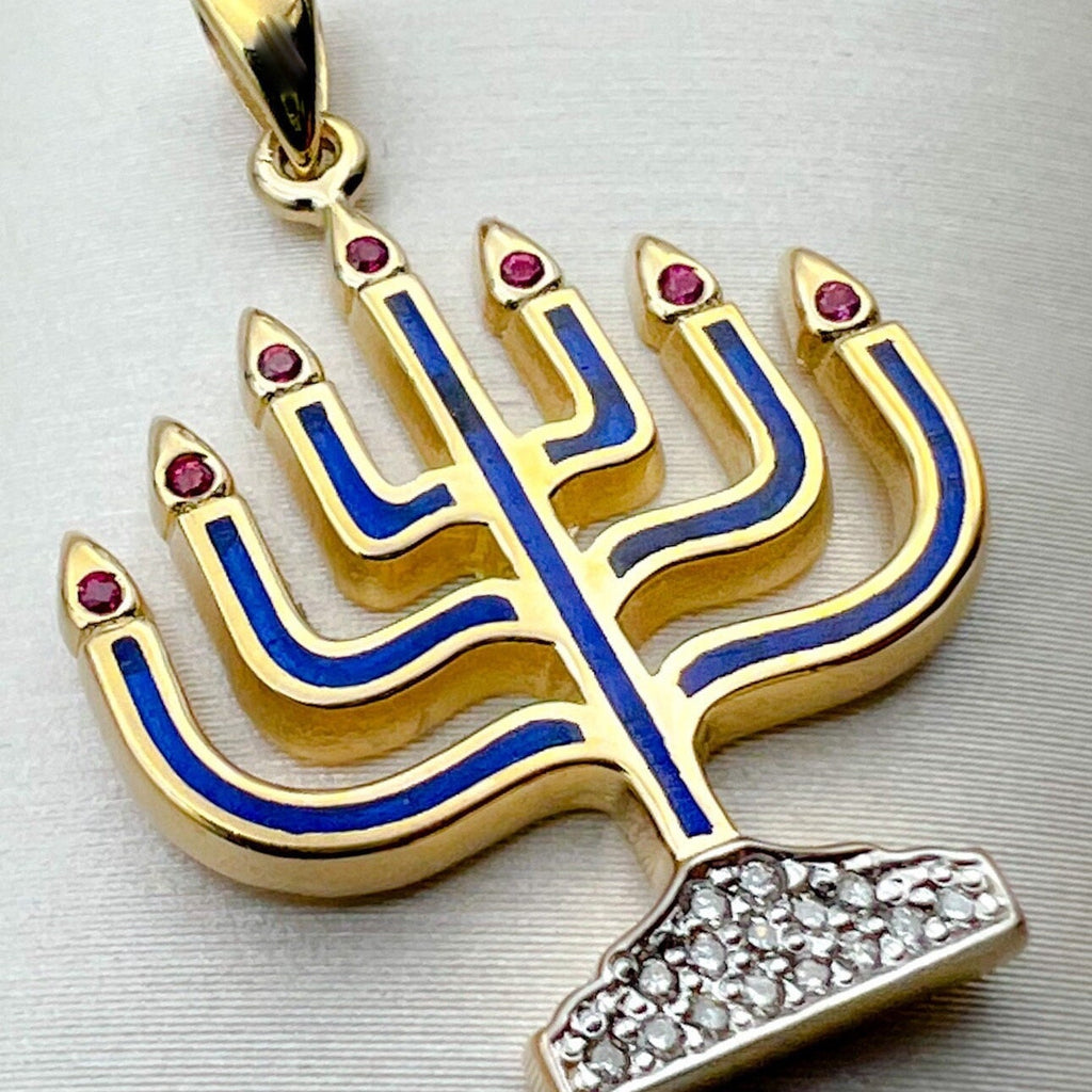 Radiant Menorah Pendant with Diamonds, Rubies, and Blue Enamel in 14k Gold