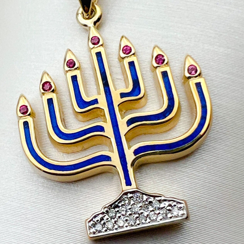 Radiant Menorah Pendant with Diamonds, Rubies, and Blue Enamel in 14k Gold