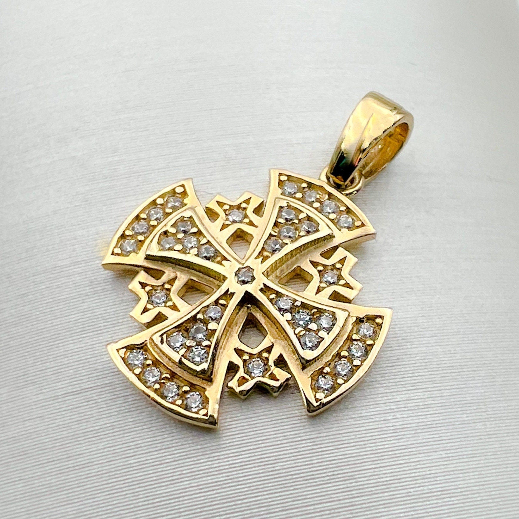 Sacred Jerusalem Cross Pendant in 14k Gold with Sparkling Zirconia