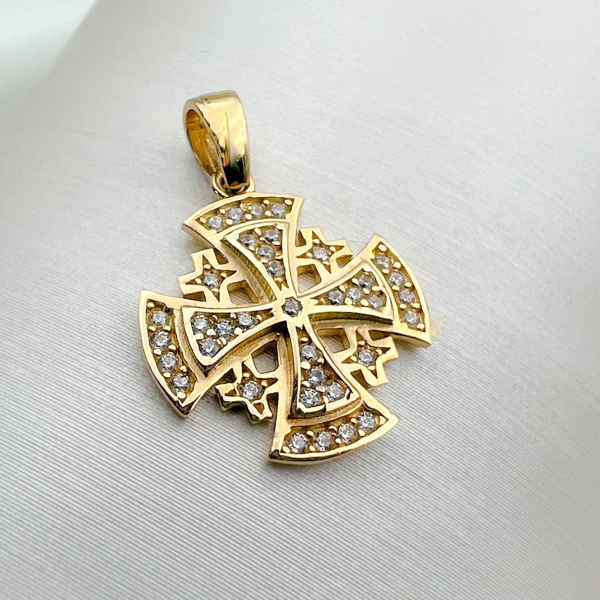Sacred Jerusalem Cross Pendant in 14k Gold with Sparkling Zirconia