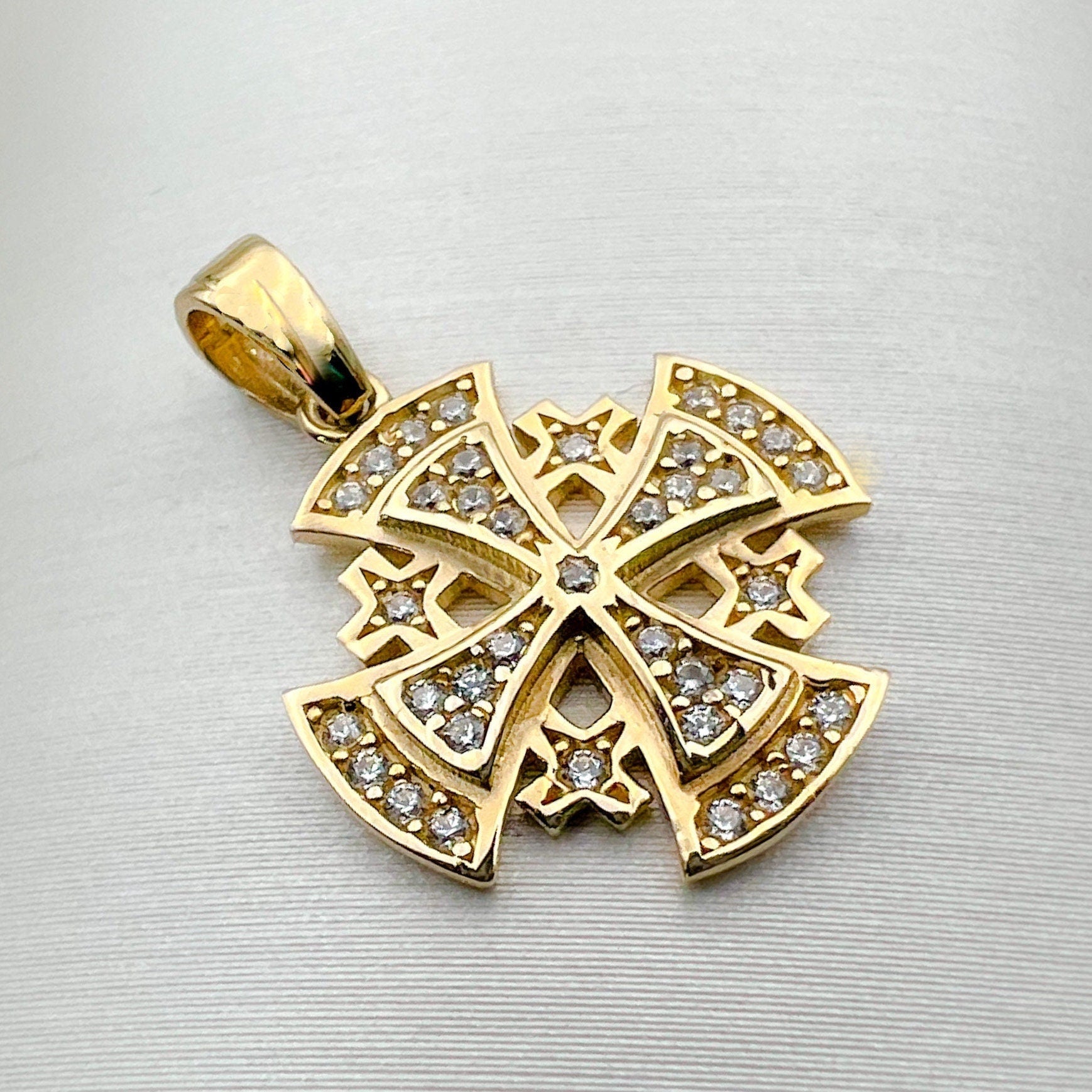 Sacred Jerusalem Cross Pendant in 14k Gold with Sparkling Zirconia