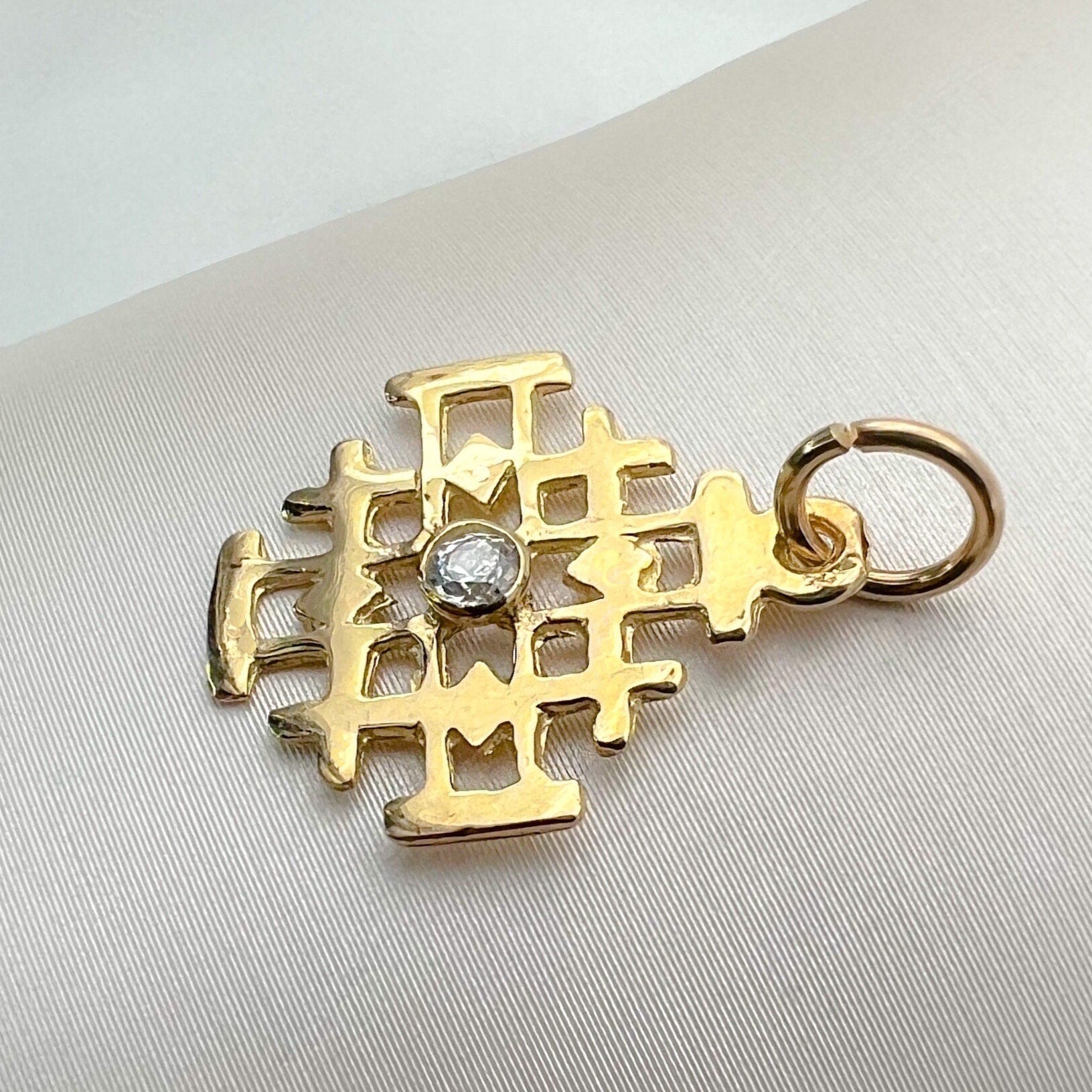 Sacred Jerusalem Cross in 14k Gold with Radiant Zirconia Stone