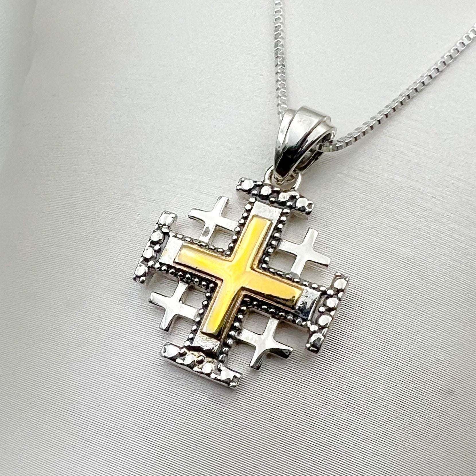 Jerusalem Cross Pendant in 14k Gold and 925 Silver with Engraved Details