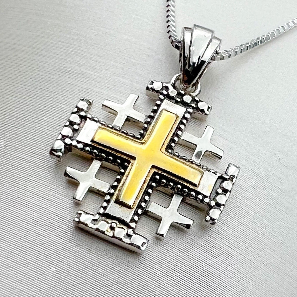 Jerusalem Cross Pendant in 14k Gold and 925 Silver with Engraved Details