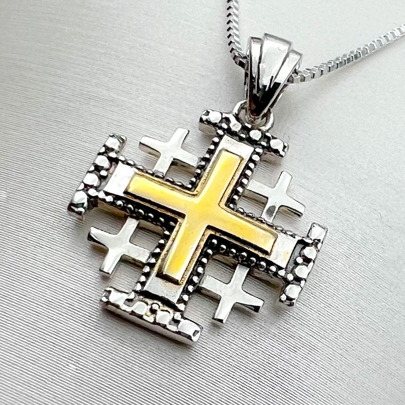 Jerusalem Cross Pendant in 14k Gold and 925 Silver with Engraved Details