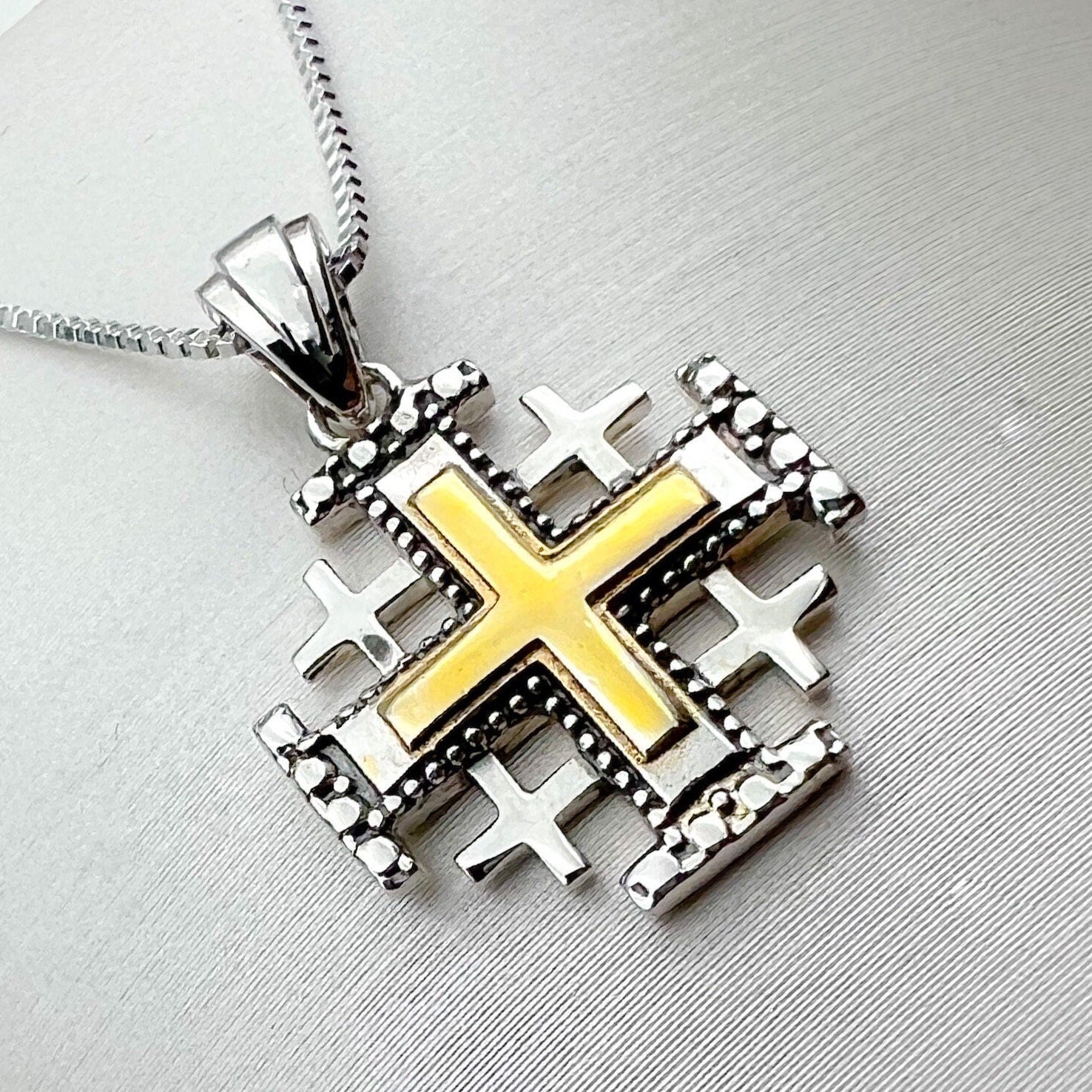 Jerusalem Cross Pendant in 14k Gold and 925 Silver with Engraved Details