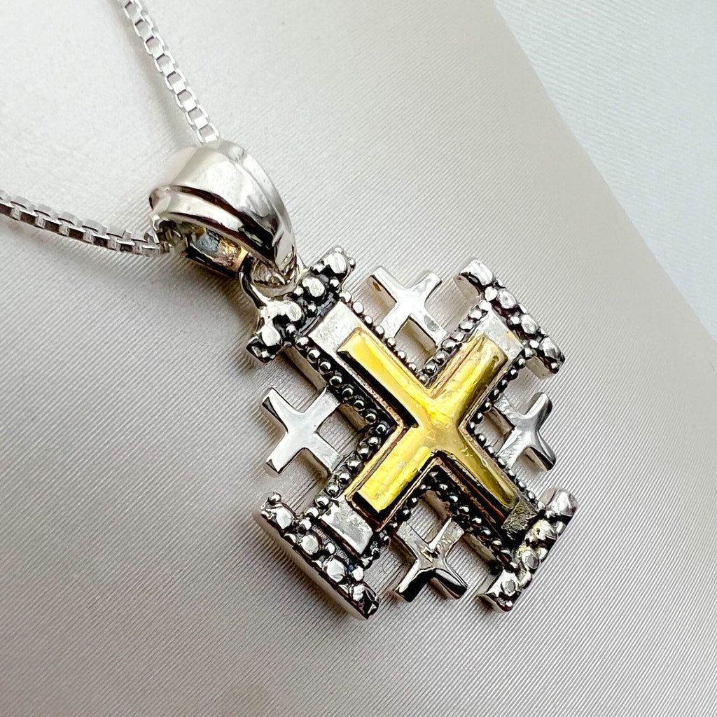 Jerusalem Cross Pendant in 14k Gold and 925 Silver with Engraved Details