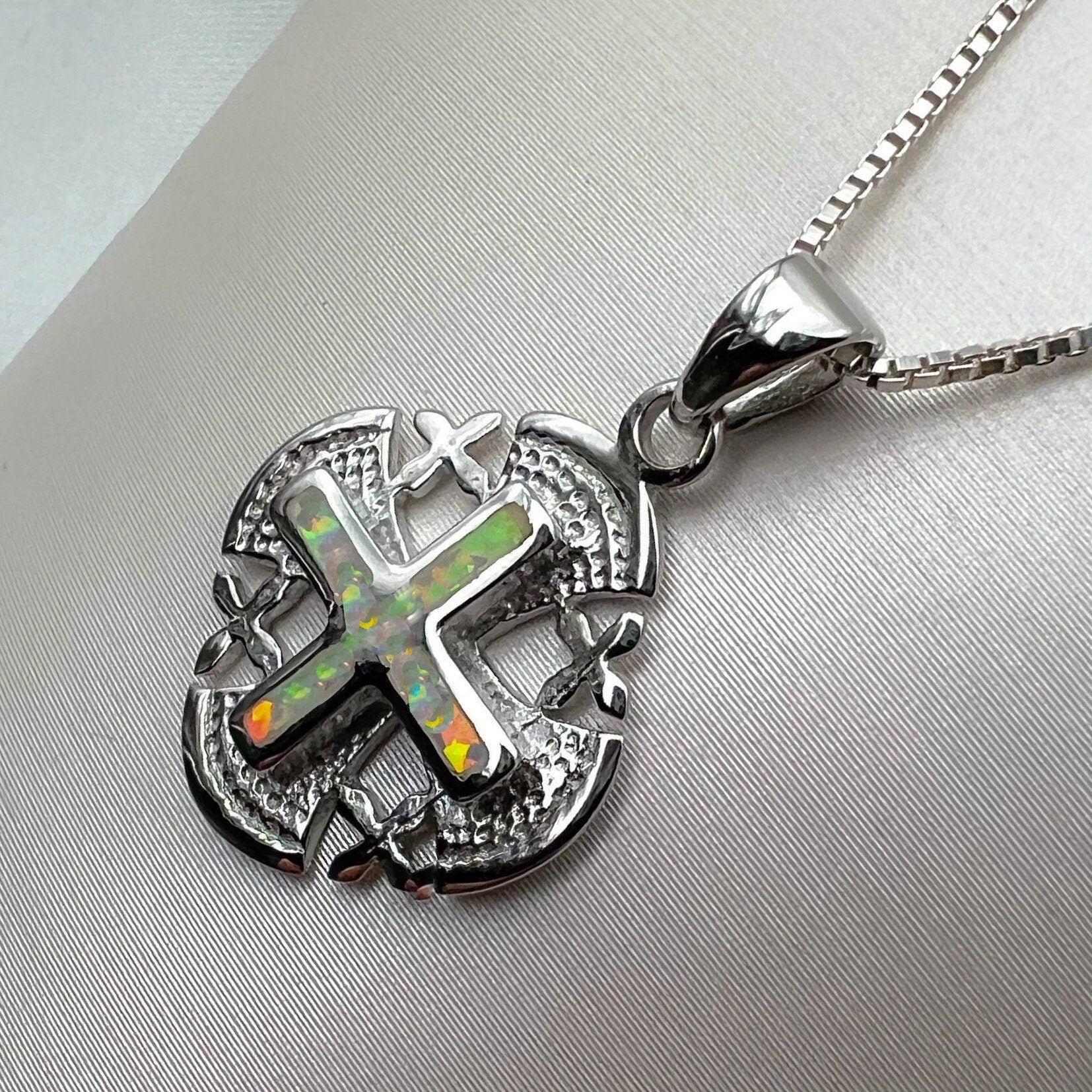 White Opal Jerusalem Cross Pendant – Silver 925 with Chain