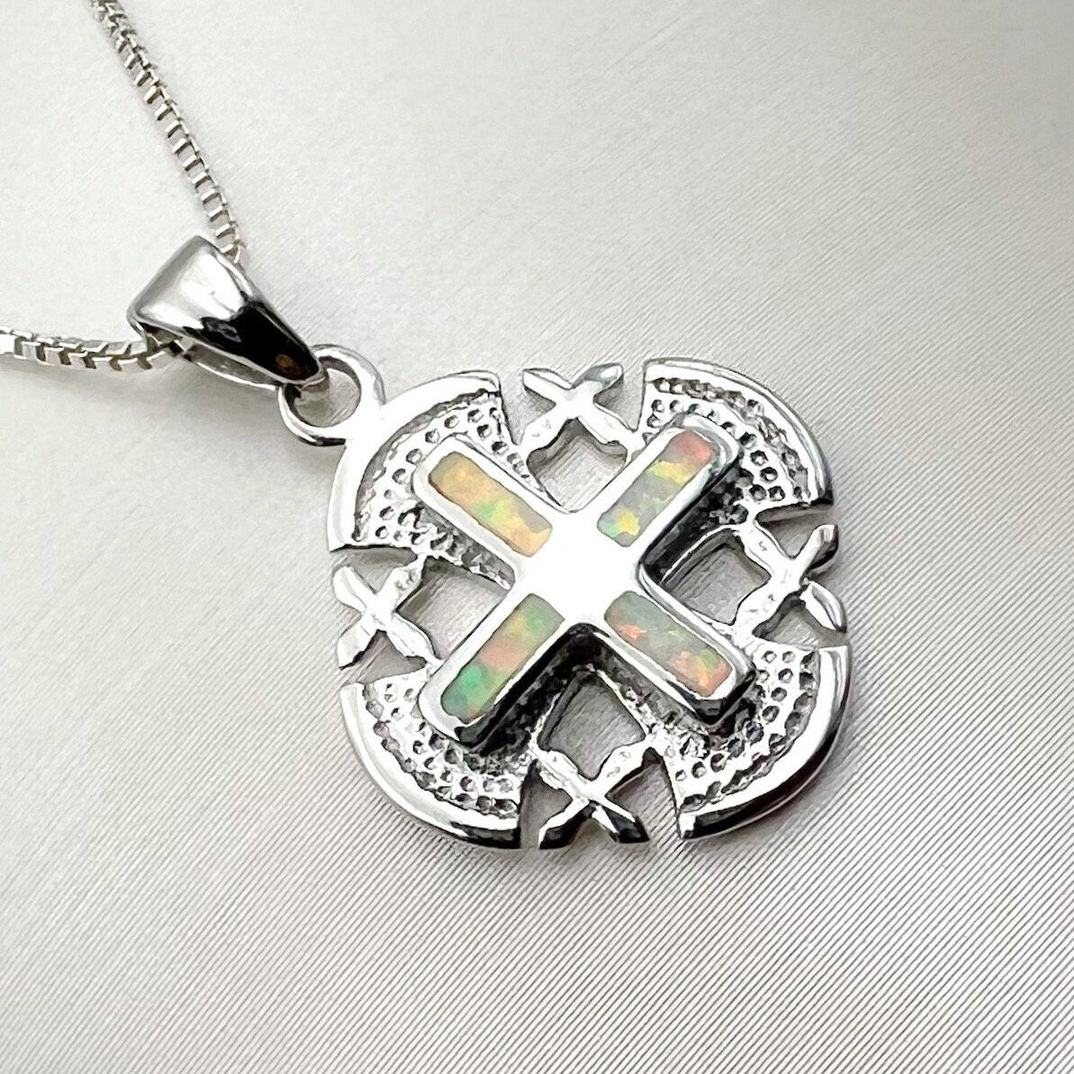 White Opal Jerusalem Cross Pendant – Silver 925 with Chain