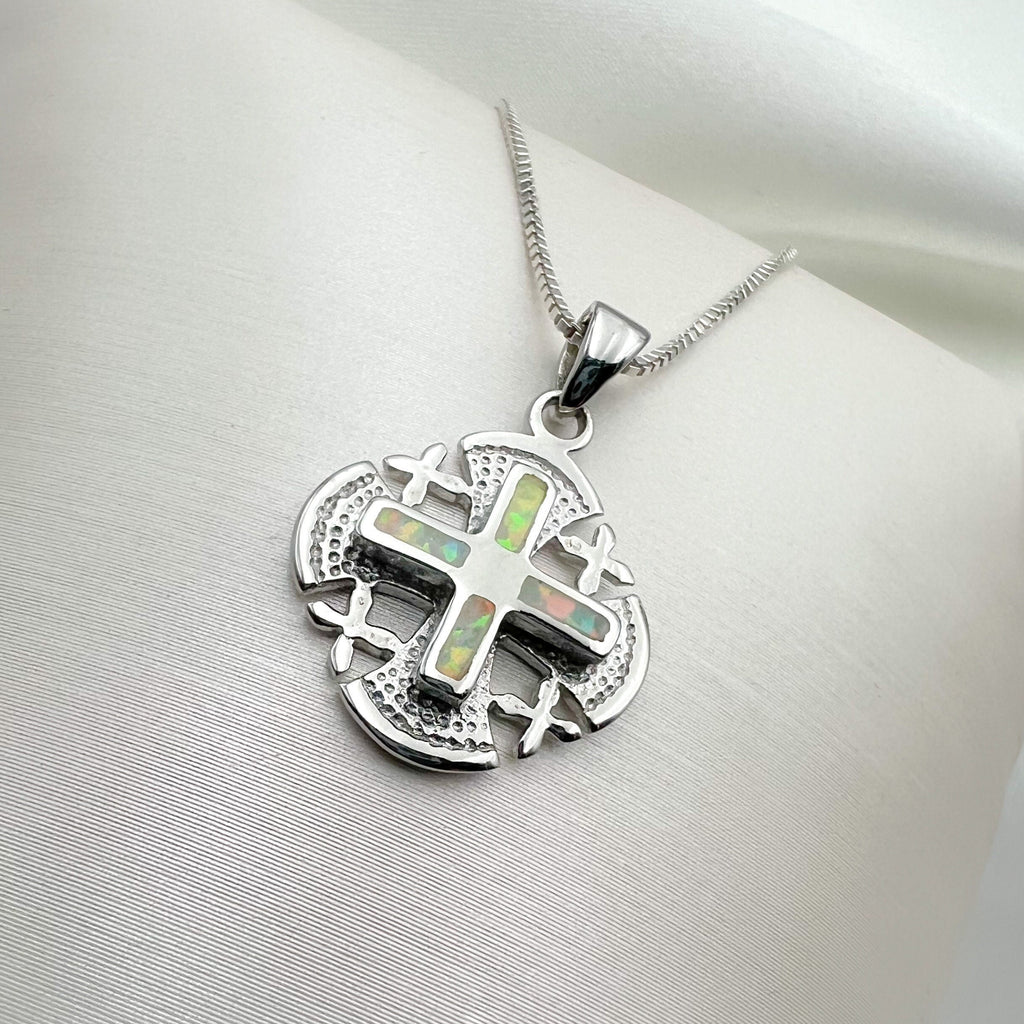 White Opal Jerusalem Cross Pendant – Silver 925 with Chain