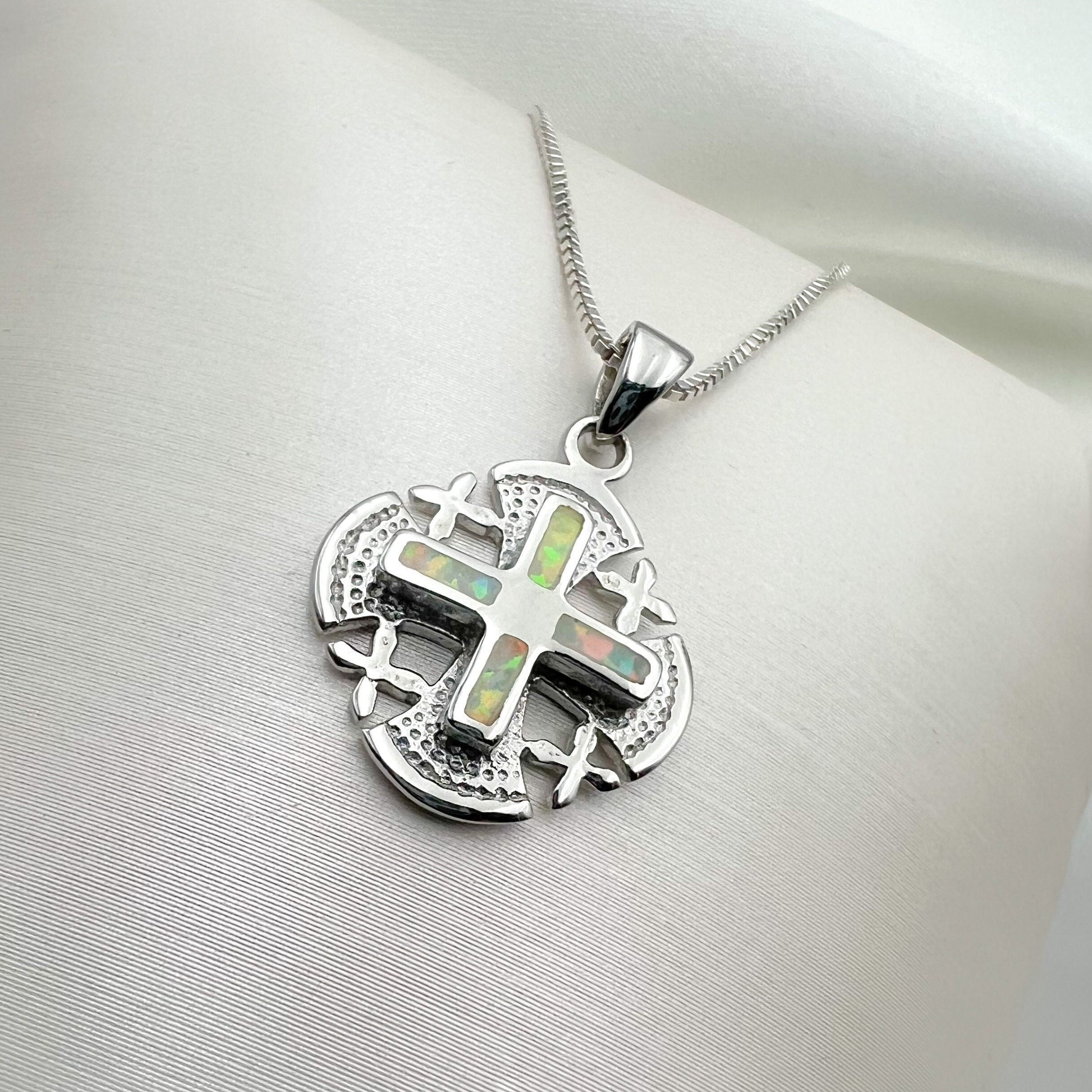 White Opal Jerusalem Cross Pendant – Silver 925 with Chain