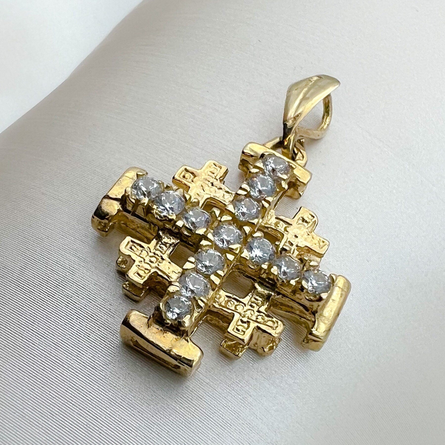 Magnificent 14k Gold Jerusalem Cross with Zirconia Accents