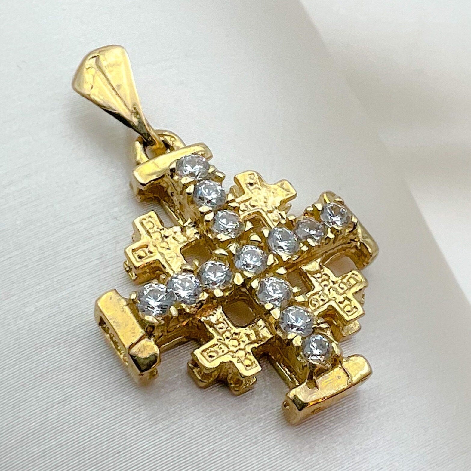 Magnificent 14k Gold Jerusalem Cross with Zirconia Accents