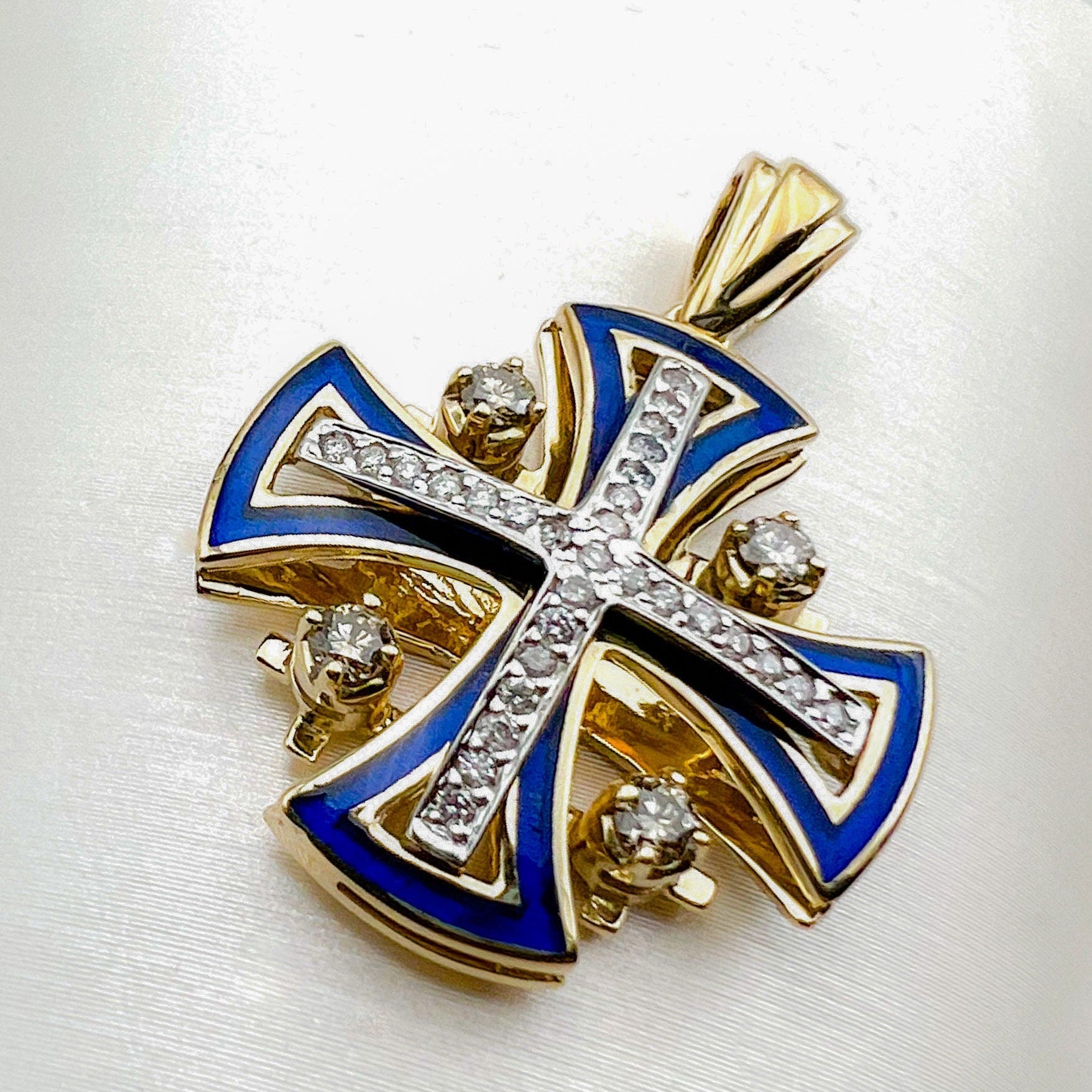Large Jerusalem Cross Pendant in 14k Gold with Diamonds and Blue Enamel