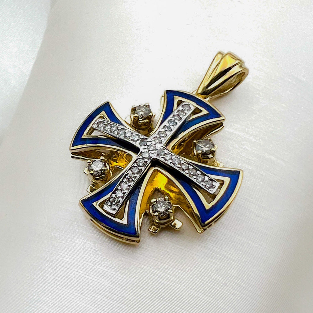 Large Jerusalem Cross Pendant in 14k Gold with Diamonds and Blue Enamel