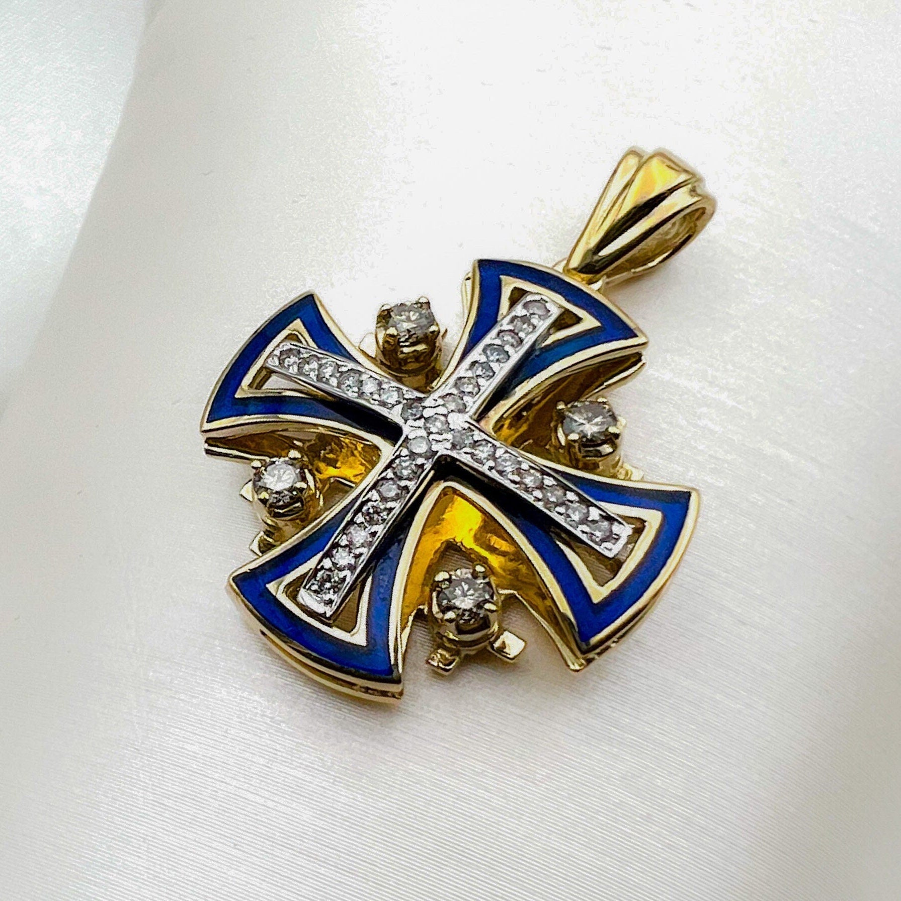 Large Jerusalem Cross Pendant in 14k Gold with Diamonds and Blue Enamel