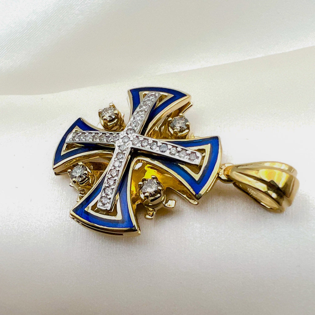 Large Jerusalem Cross Pendant in 14k Gold with Diamonds and Blue Enamel