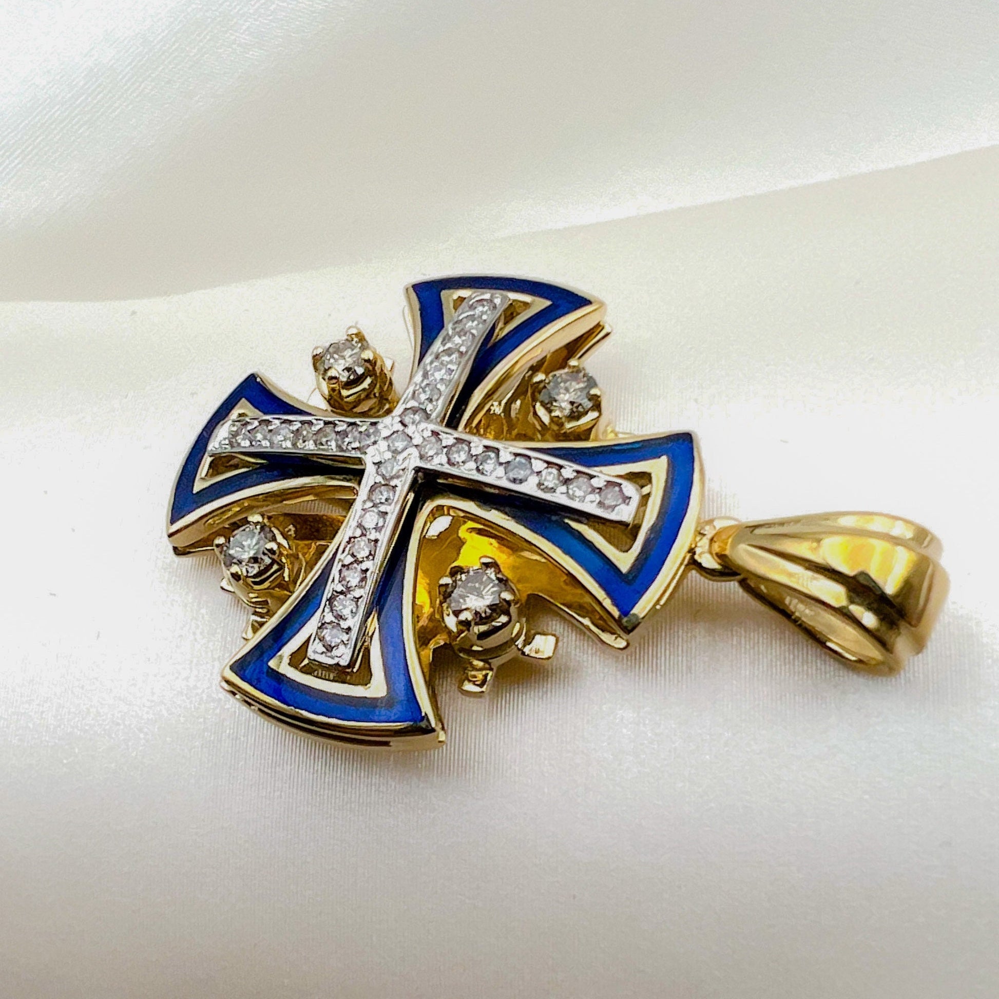Large Jerusalem Cross Pendant in 14k Gold with Diamonds and Blue Enamel