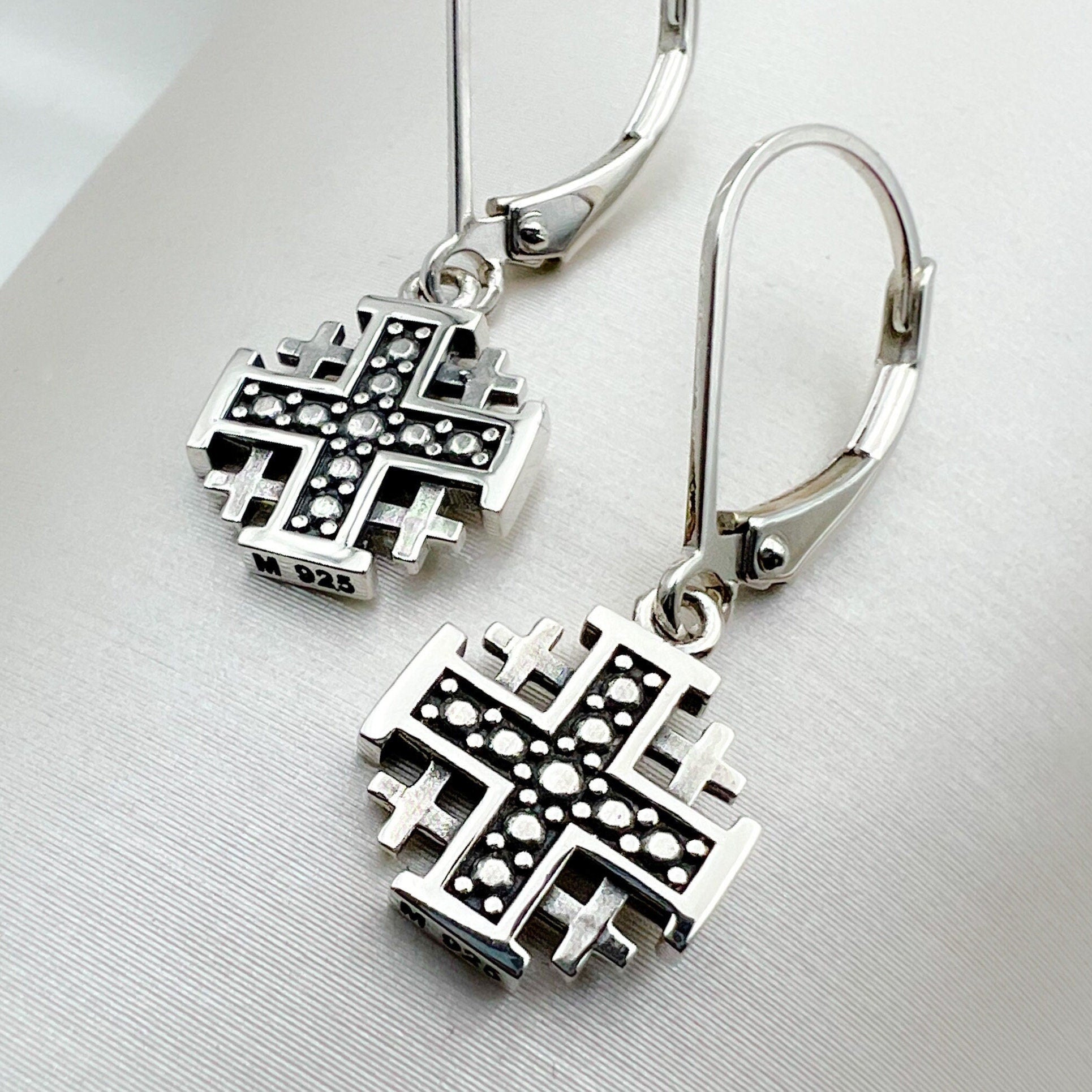 Elegant Jerusalem Cross Dangling Earrings in 925 Silver