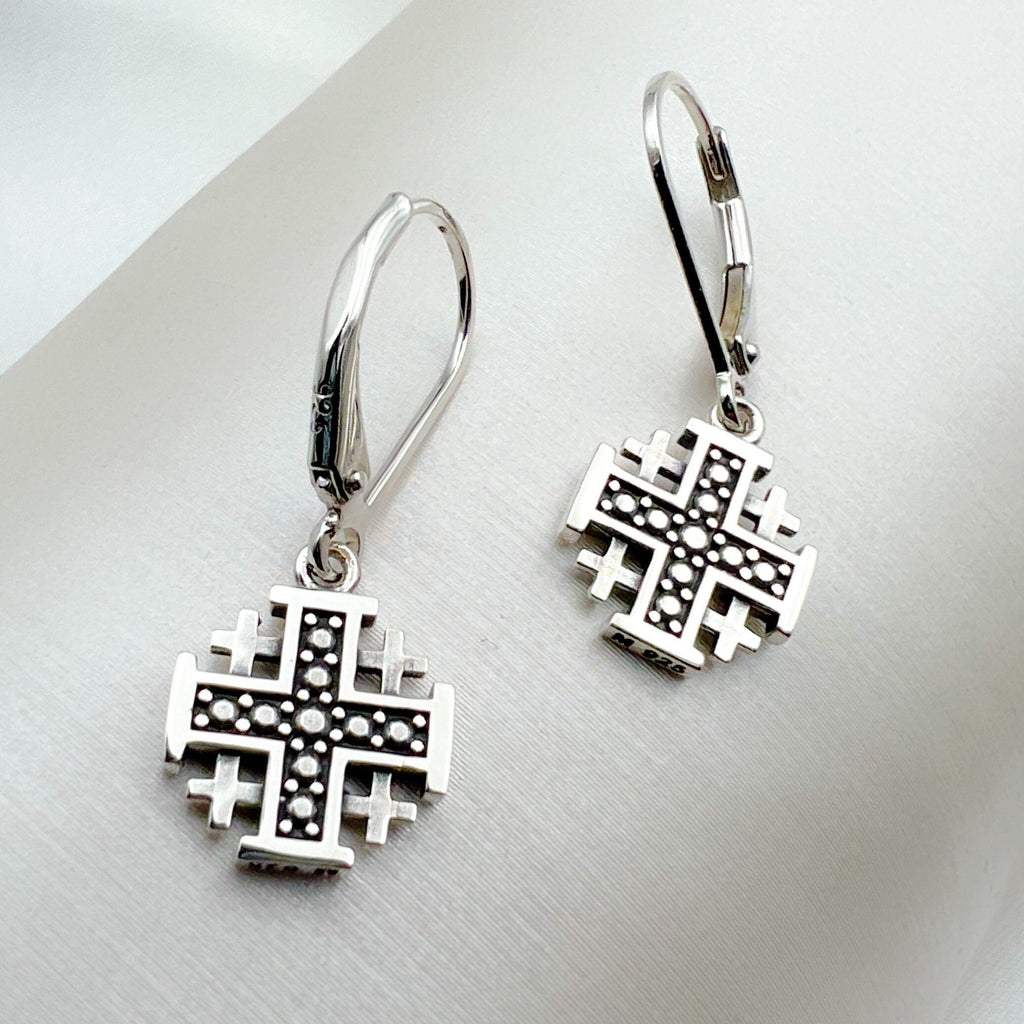 Elegant Jerusalem Cross Dangling Earrings in 925 Silver