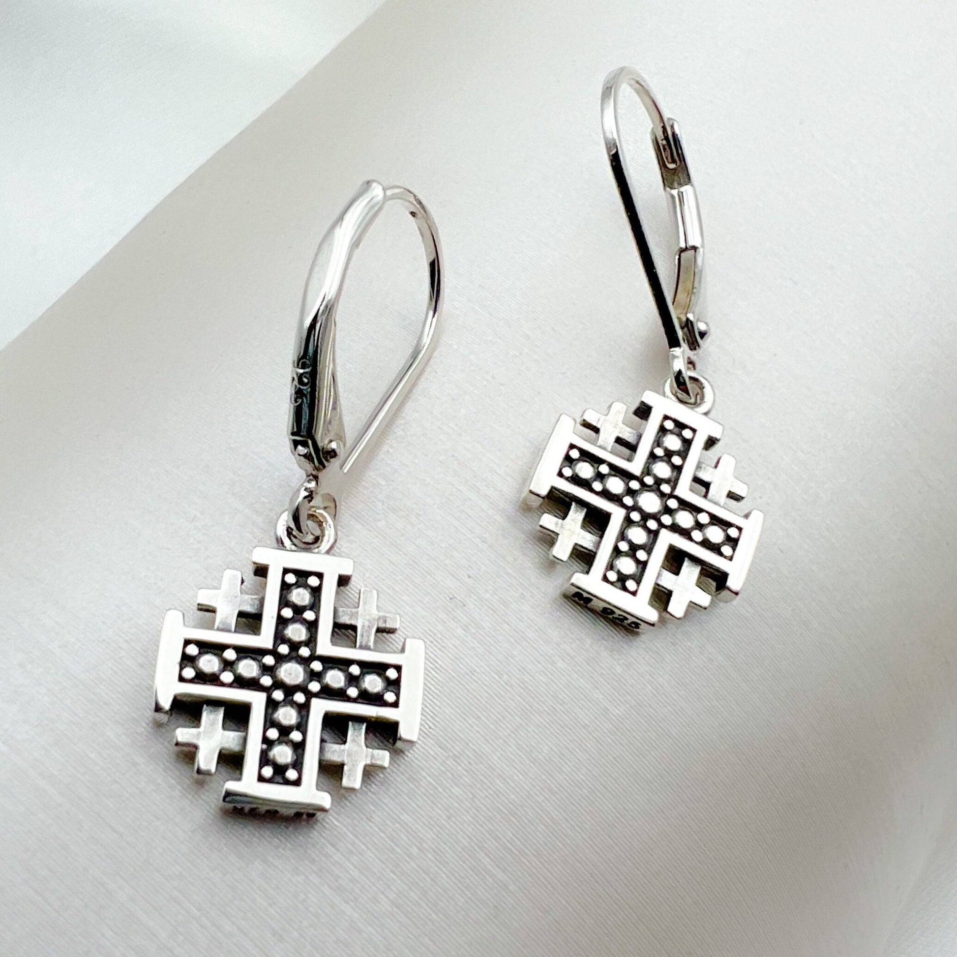 Elegant Jerusalem Cross Dangling Earrings in 925 Silver
