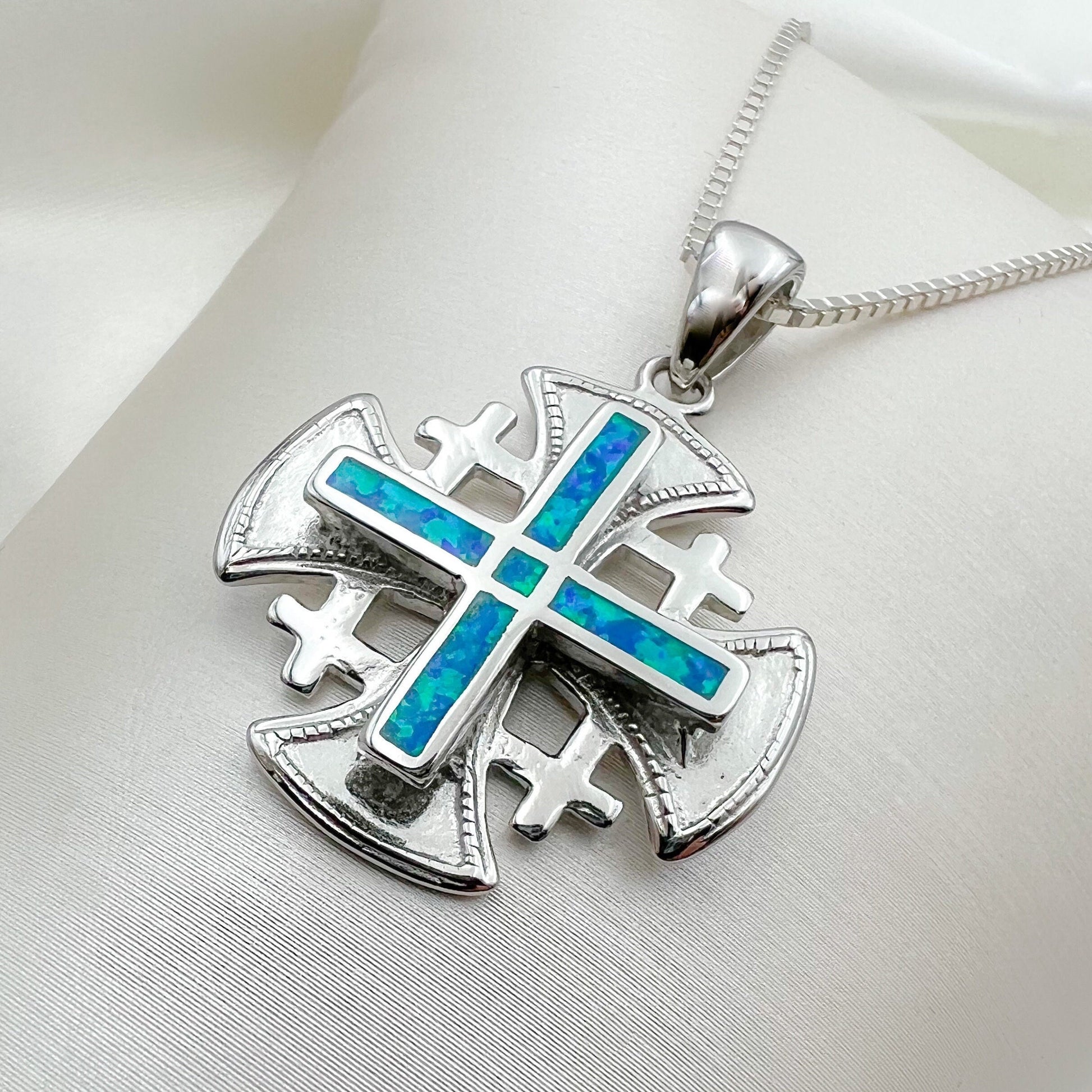 Opal Jerusalem Cross Pendant in Sterling Silver 925 with Matching Chain