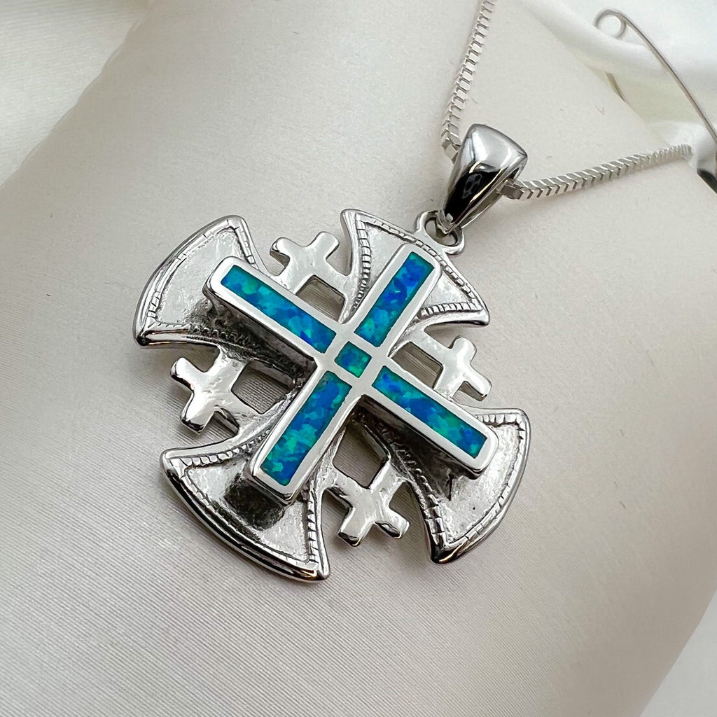 Opal Jerusalem Cross Pendant in Sterling Silver 925 with Matching Chain