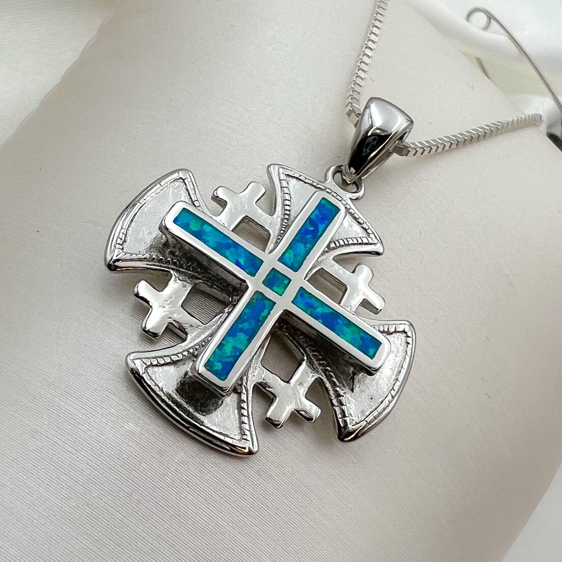 Opal Jerusalem Cross Pendant in Sterling Silver 925 with Matching Chain