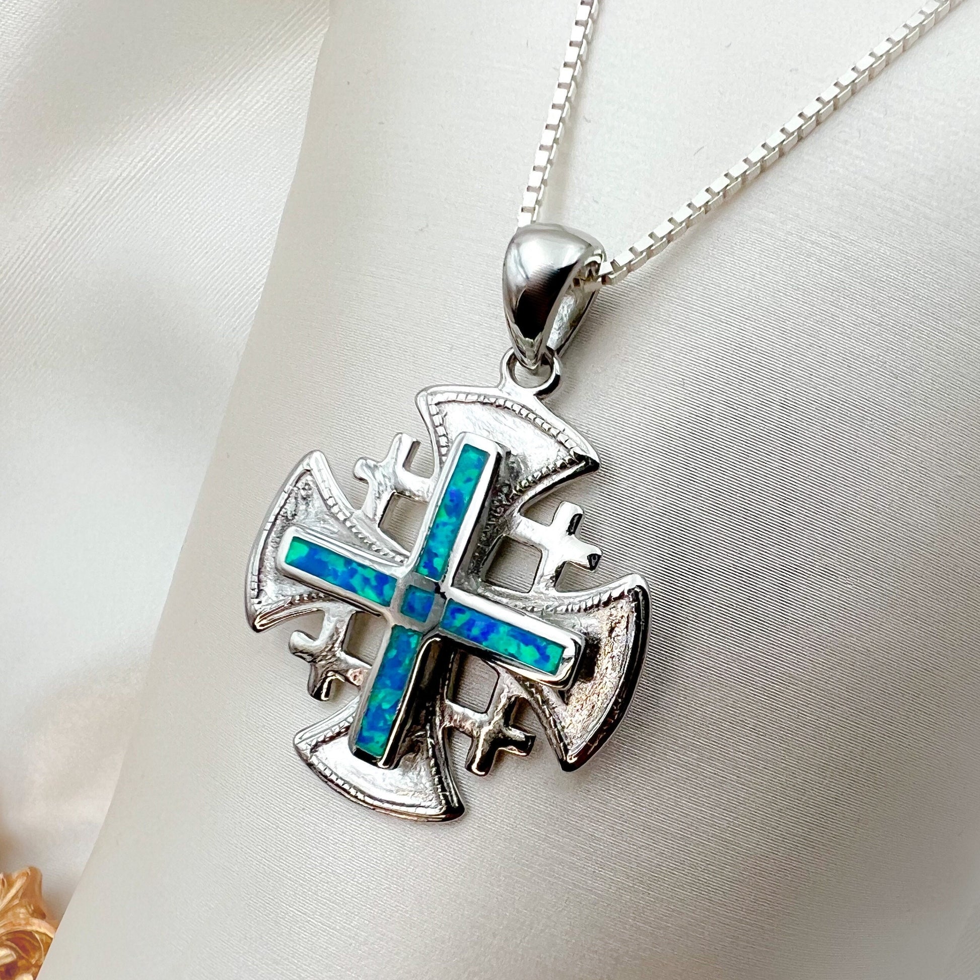 Opal Jerusalem Cross Pendant in Sterling Silver 925 with Matching Chain