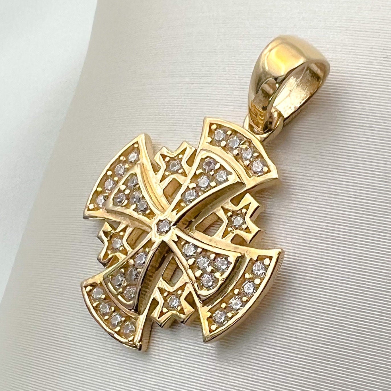 Sacred Jerusalem Cross Pendant in 14k Gold with Sparkling Zirconia
