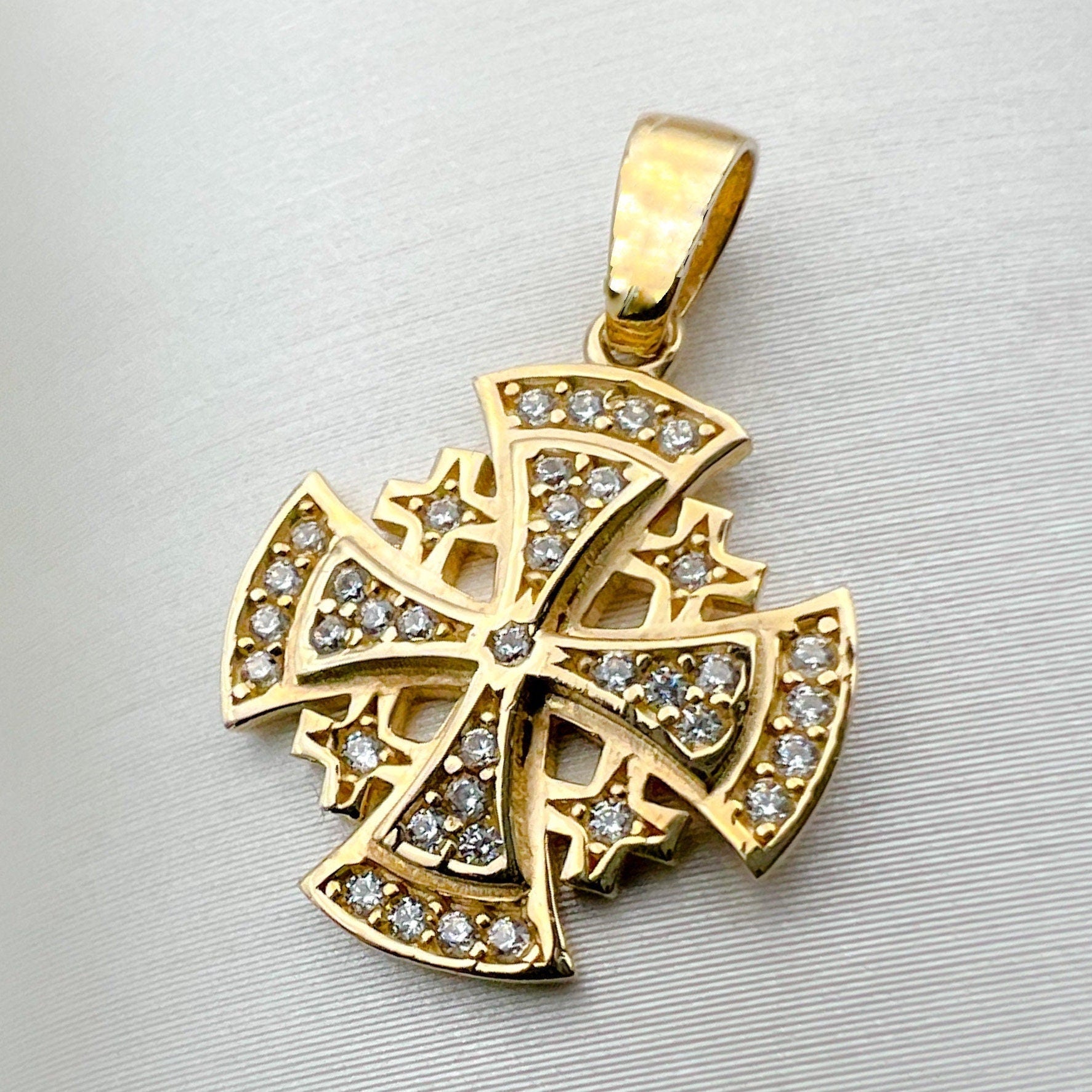 Sacred Jerusalem Cross Pendant in 14k Gold with Sparkling Zirconia