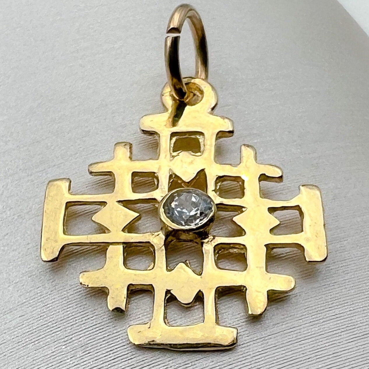 Sacred Jerusalem Cross in 14k Gold with Radiant Zirconia Stone