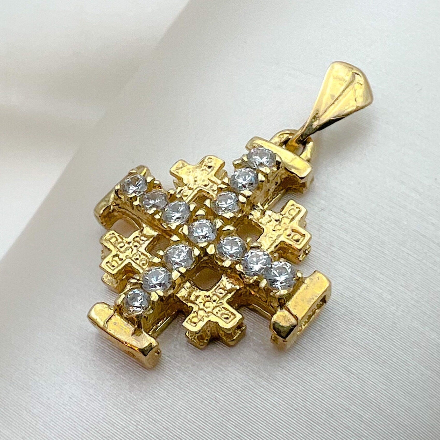 Magnificent 14k Gold Jerusalem Cross with Zirconia Accents