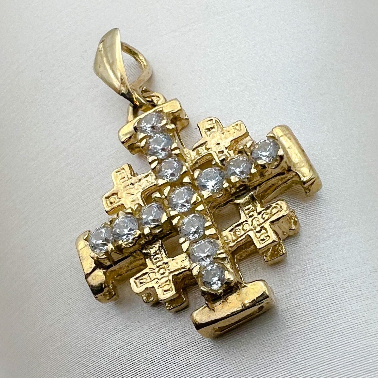 Magnificent 14k Gold Jerusalem Cross with Zirconia Accents
