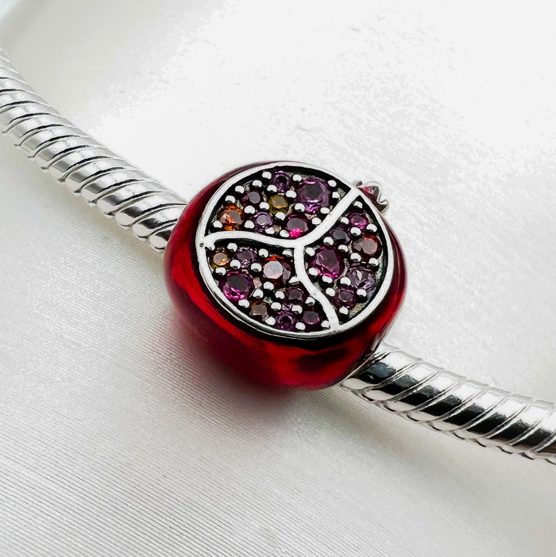 Pomegranate Charm in Silver 925 with Red Enamel and Garnet Stones - Perfect for Pandora Bracelet