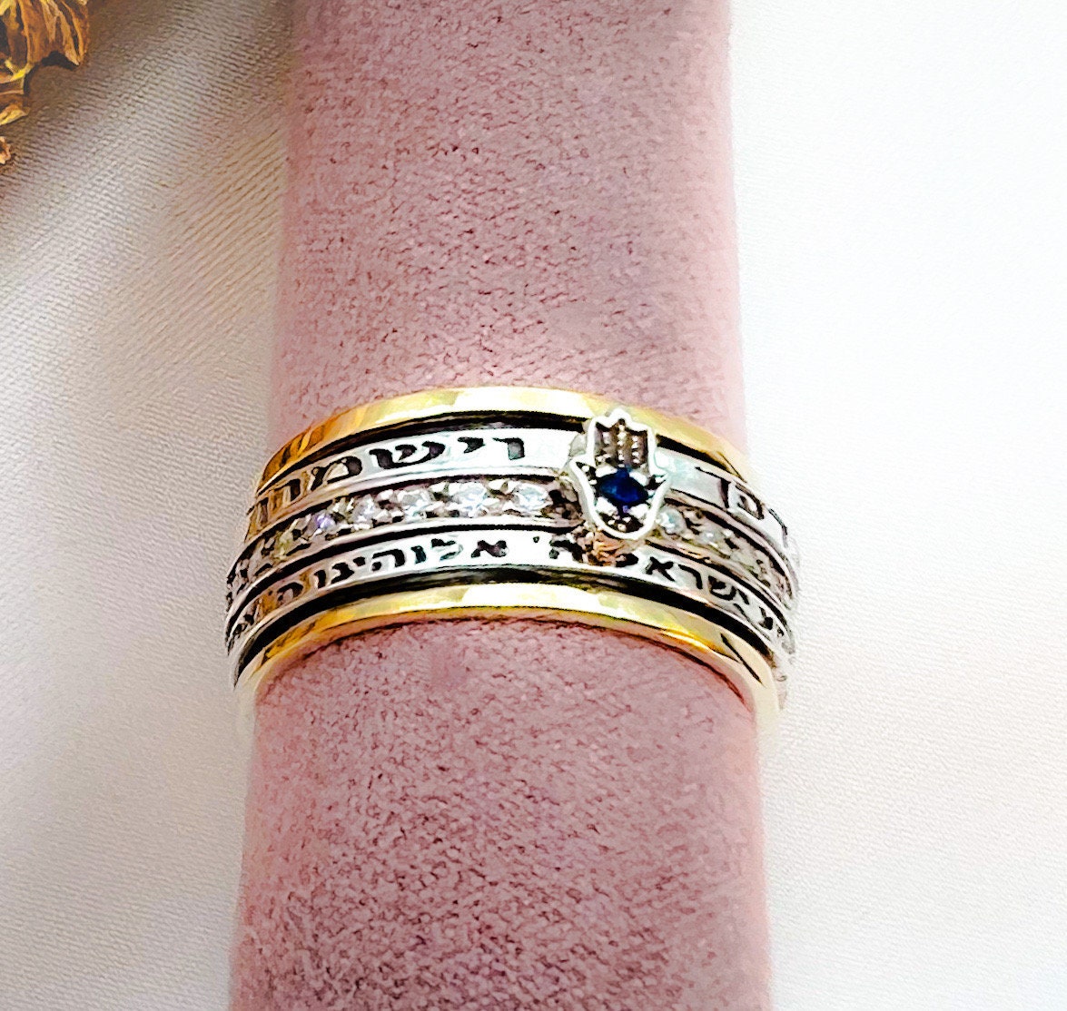 Sacred Hamsa Ring with Shema Israel Blessing and Blue Sapphire