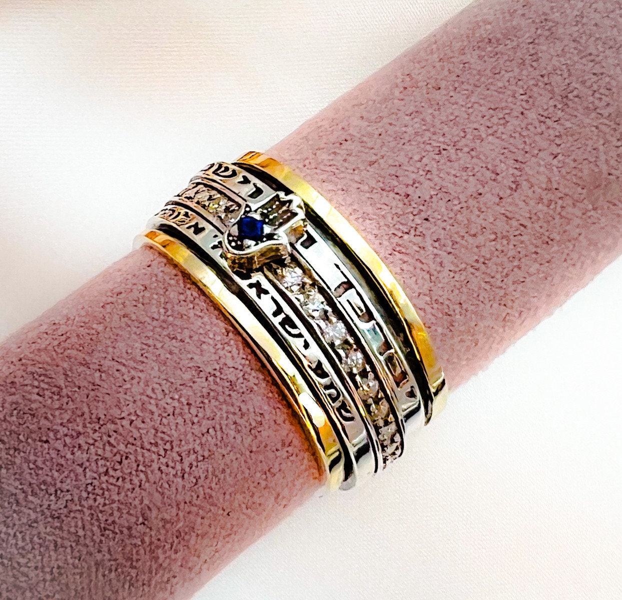 Sacred Hamsa Ring with Shema Israel Blessing and Blue Sapphire