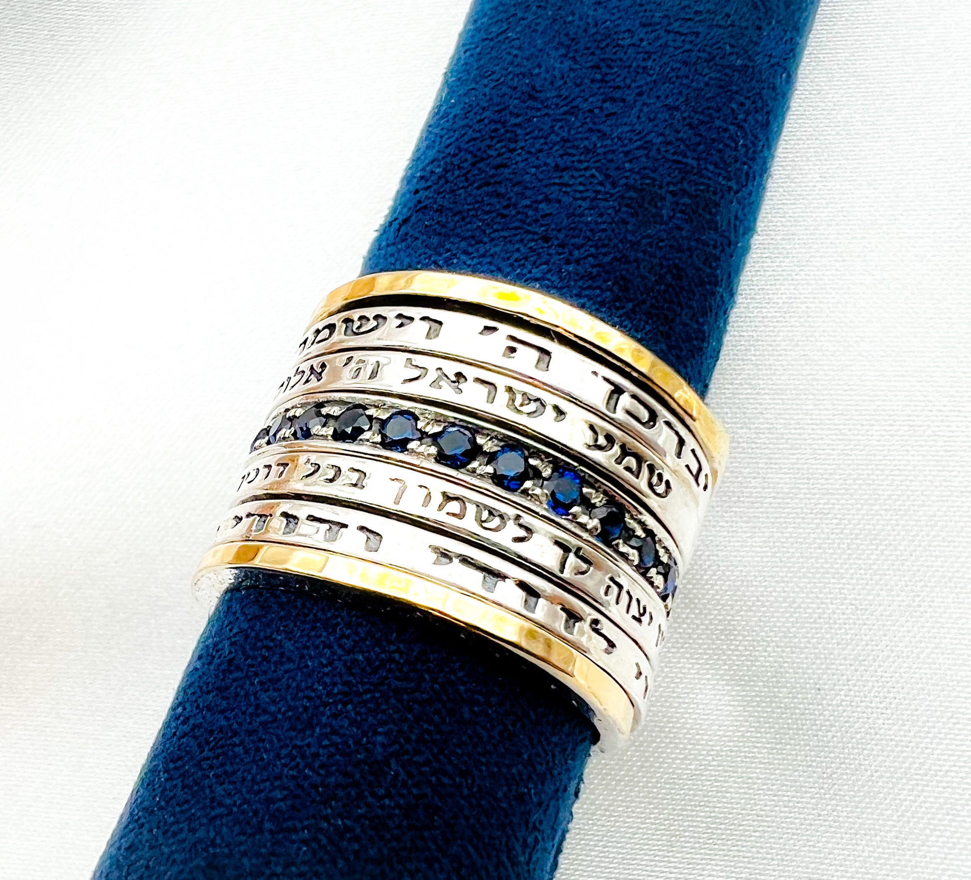 Blue Sapphire Ring with Beloved Inscription in 14k Gold and Silver
