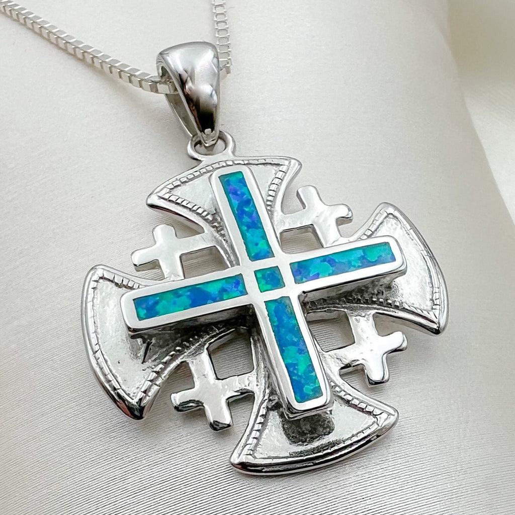 Opal Jerusalem Cross Pendant in Sterling Silver 925 with Matching Chain