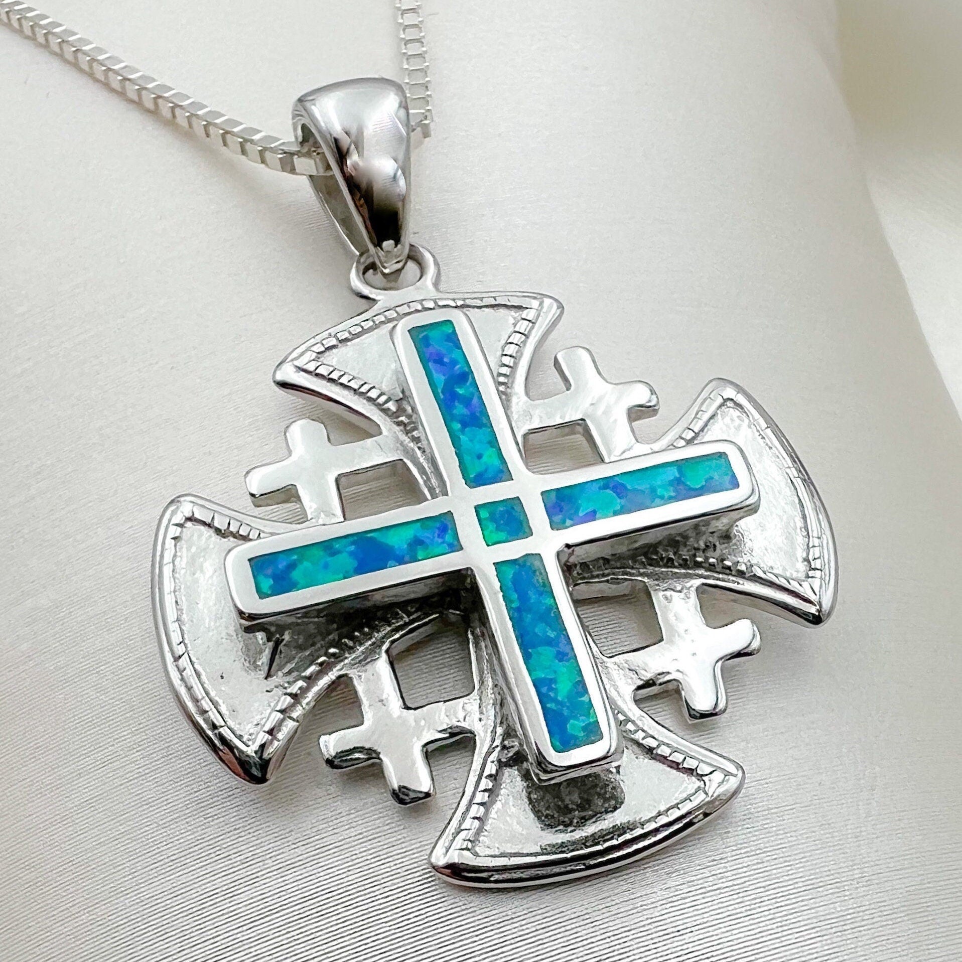Opal Jerusalem Cross Pendant in Sterling Silver 925 with Matching Chain