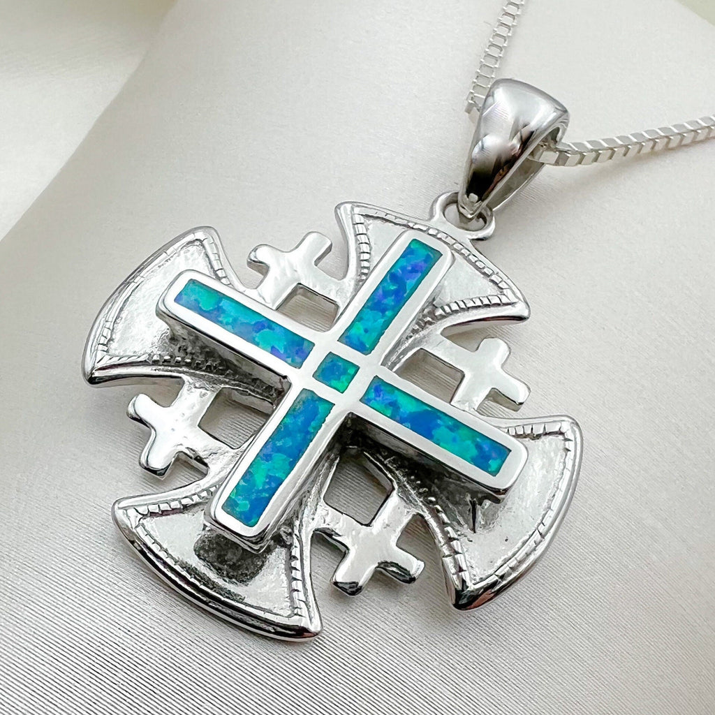 Opal Jerusalem Cross Pendant in Sterling Silver 925 with Matching Chain