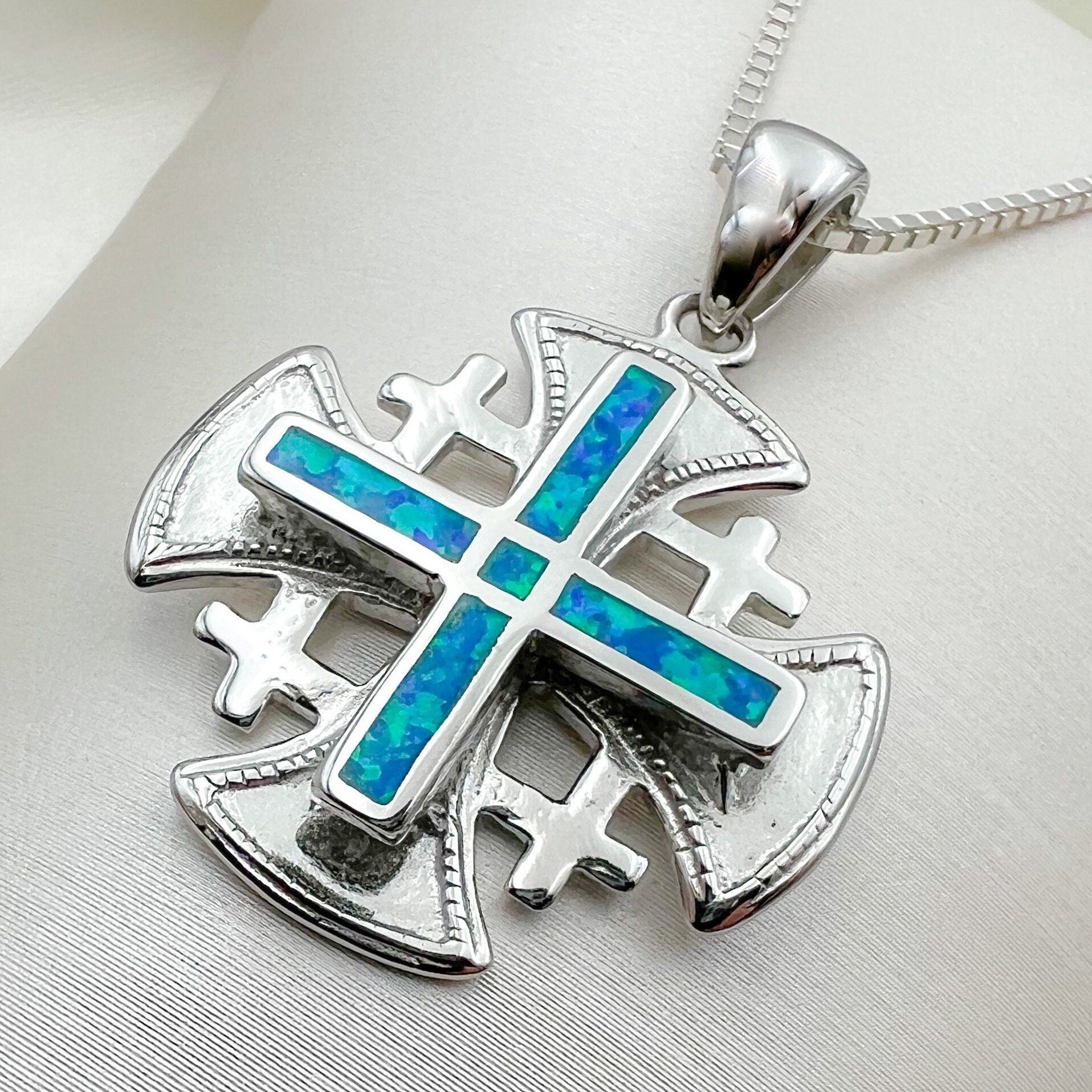 Opal Jerusalem Cross Pendant in Sterling Silver 925 with Matching Chain