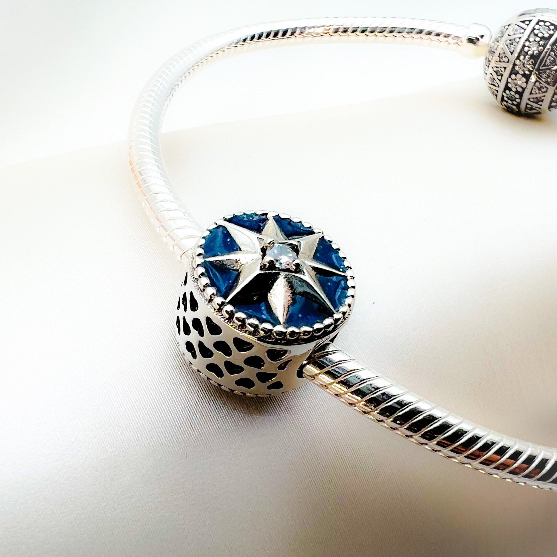 Blue Enamel Star of Bethlehem Charm in Silver 925 with Zircon Accents - Suits Pandora Bracelets