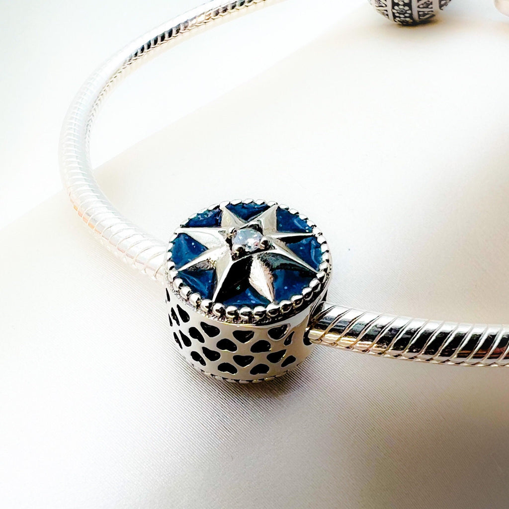Blue Enamel Star of Bethlehem Charm in Silver 925 with Zircon Accents - Suits Pandora Bracelets