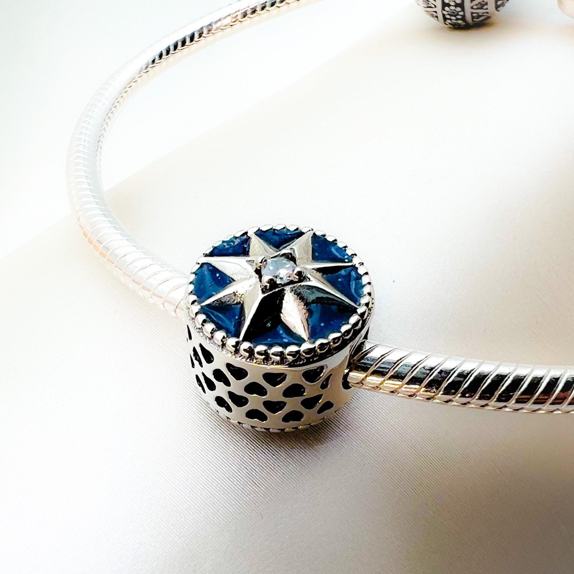 Blue Enamel Star of Bethlehem Charm in Silver 925 with Zircon Accents - Suits Pandora Bracelets
