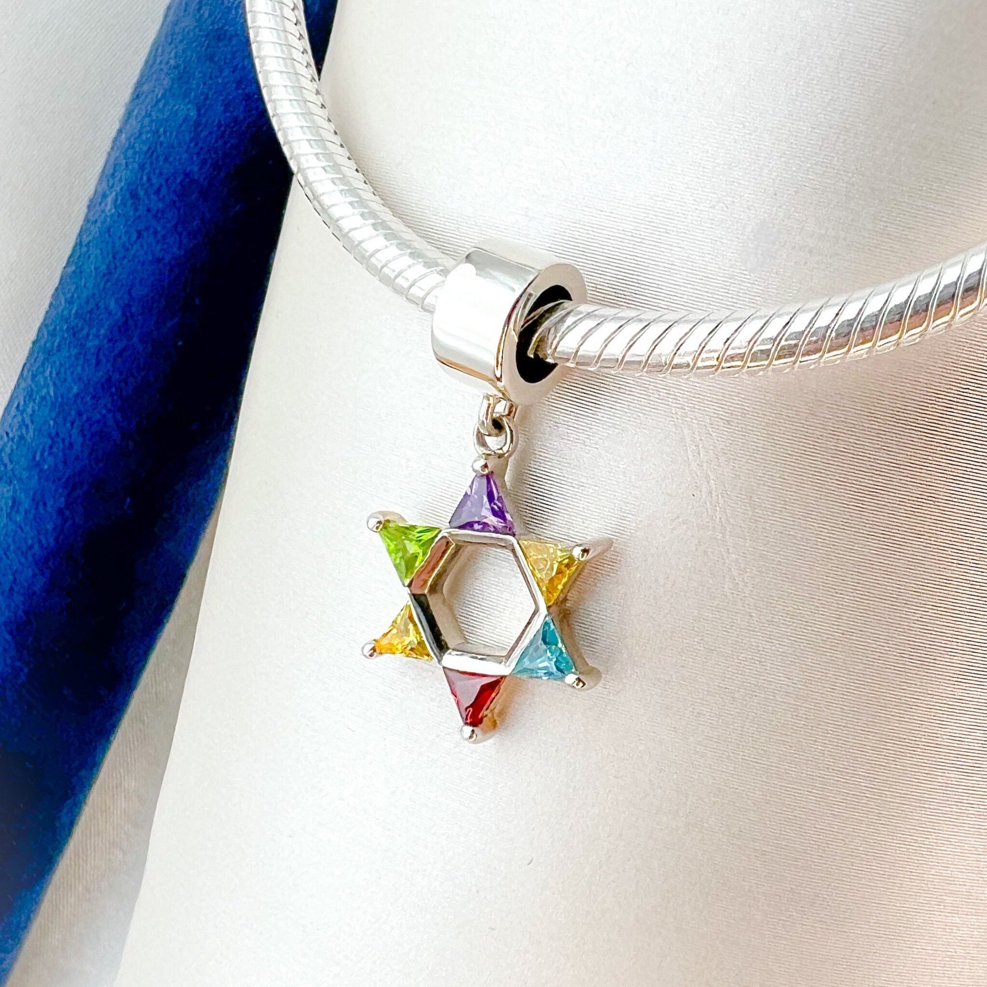 Silver David Star Charm with Colorful Stones for Pandora Bracelet