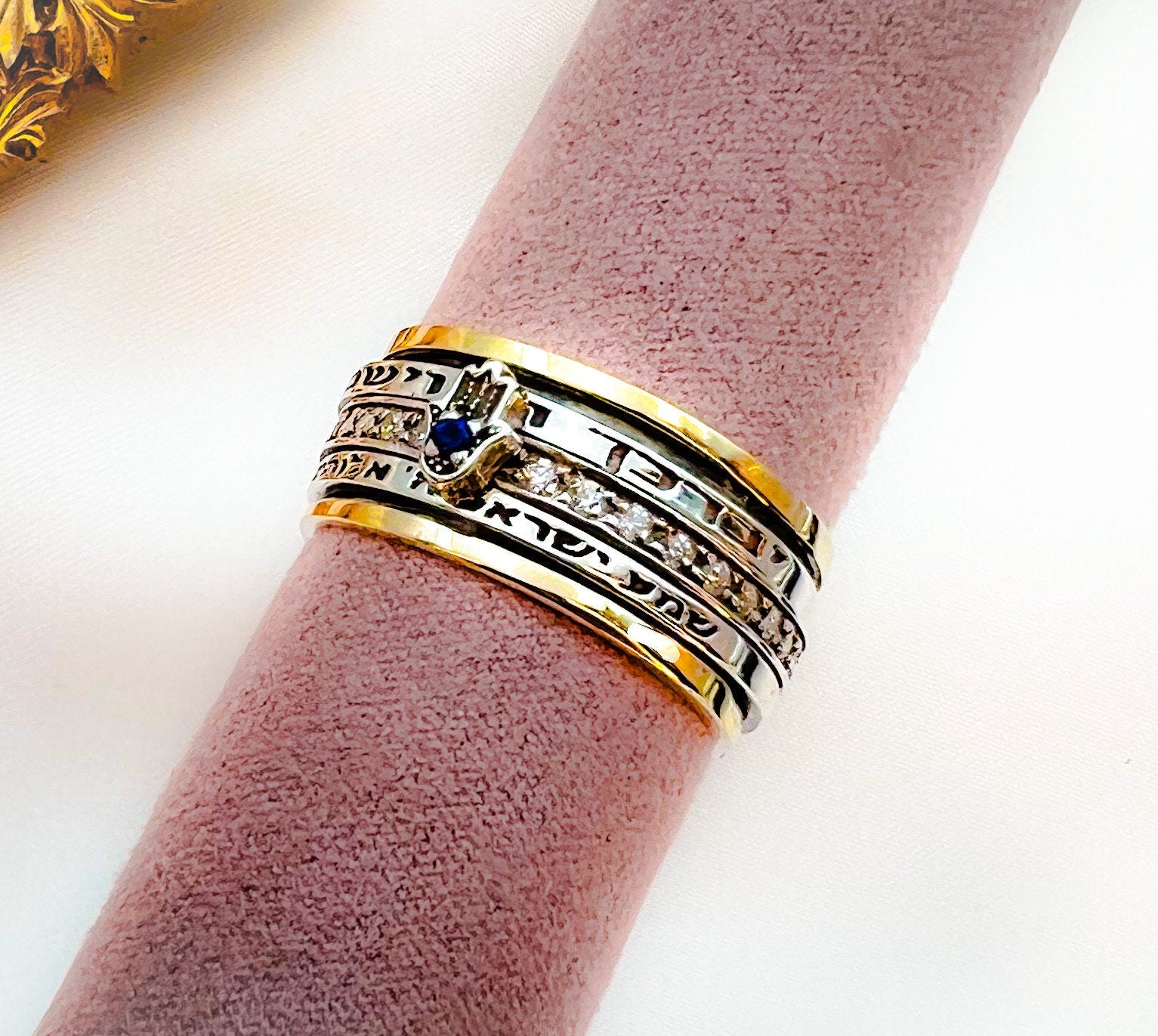 Sacred Hamsa Ring with Shema Israel Blessing and Blue Sapphire